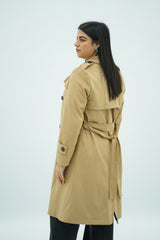 Trench Beige Mi-Long en Faux Daim