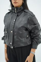 Bomber Noir en similicuir effet vieilli