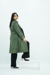 Trench Vert Mi-Long en Faux Daim