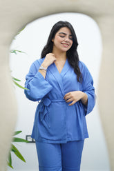 Ensemble bleu en lin style kimono