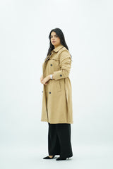 Trench Beige Mi-Long en Faux Daim