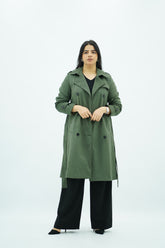 Trench Vert Mi-Long en Faux Daim