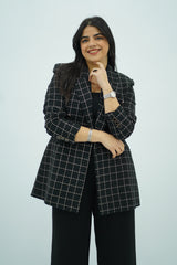 Veste Blazer Longue à Carreaux Noir et Or