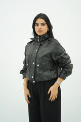 Bomber Noir en similicuir effet vieilli