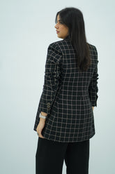 Veste Blazer Longue à Carreaux Noir et Or