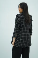 Veste Blazer Longue à Carreaux Noir et Or