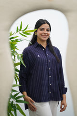 Chemise Rayé En lin - Bleu nuit