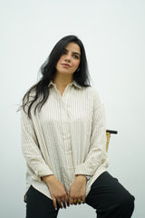 Chemise oversize rayée beige à manches longues