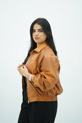 Bomber effet cuir marron-camel