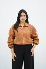Bomber effet cuir marron-camel