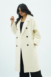 Manteau Bouclé Écru à Double Boutonnage