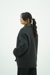 Manteau en Laine à Carreaux et Col Simili Cuir