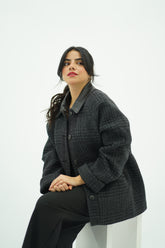 Manteau en Laine à Carreaux et Col Simili Cuir