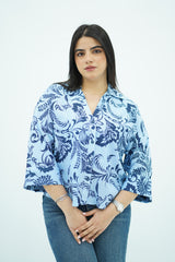 Chemise En lin bleu feuillage