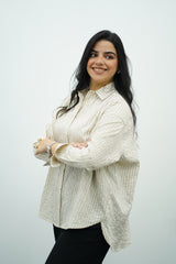 Chemise oversize rayée beige à manches longues