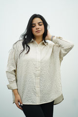 Chemise oversize rayée beige à manches longues