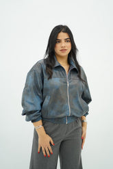 Bomber effet cuir bleu-gris