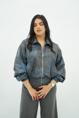 Bomber effet cuir bleu-gris