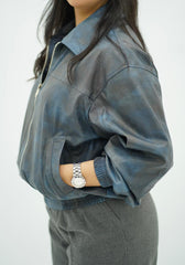 Bomber effet cuir bleu-gris
