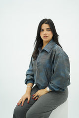 Bomber effet cuir bleu-gris