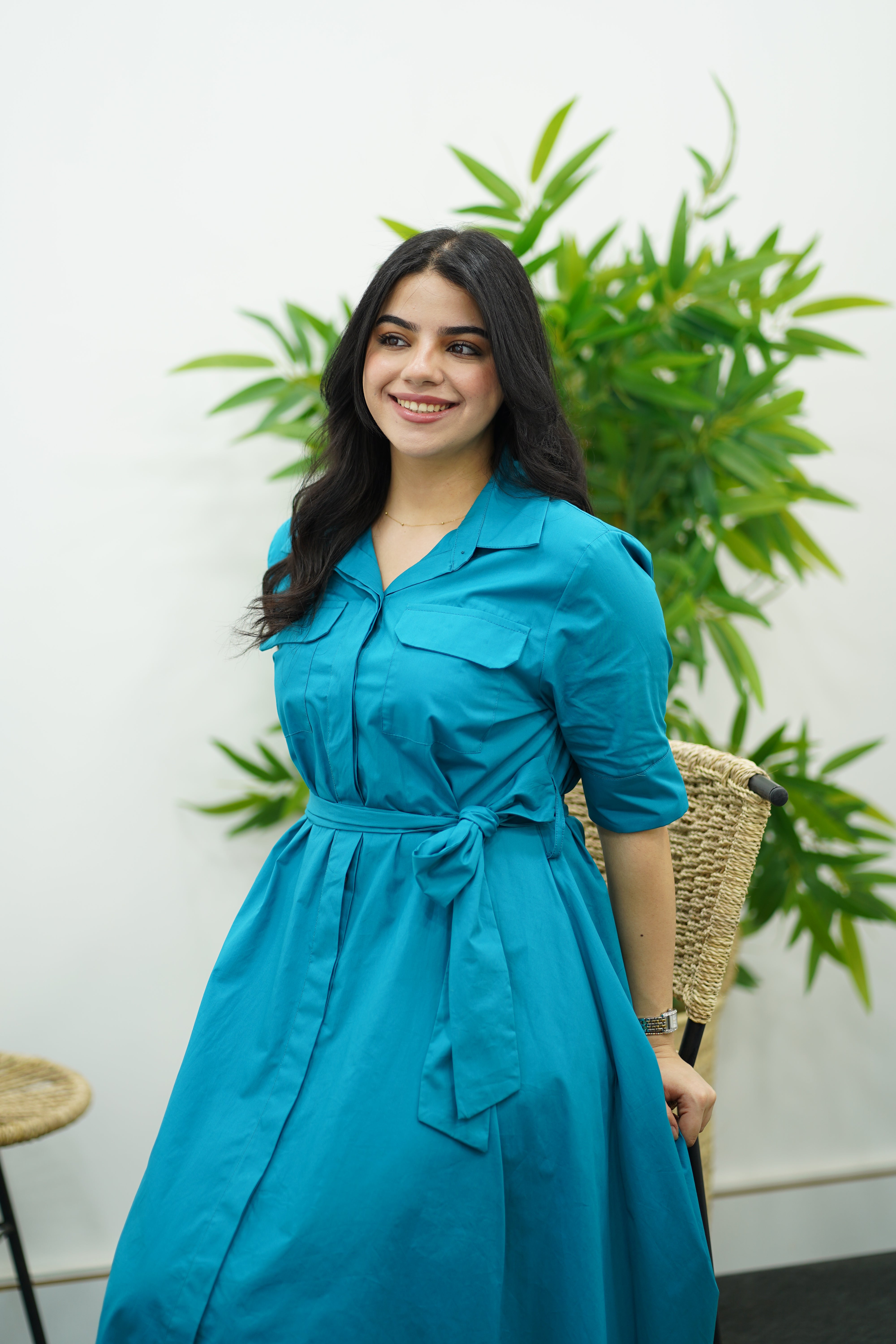 Robe En Popeline- Bleu pétrole