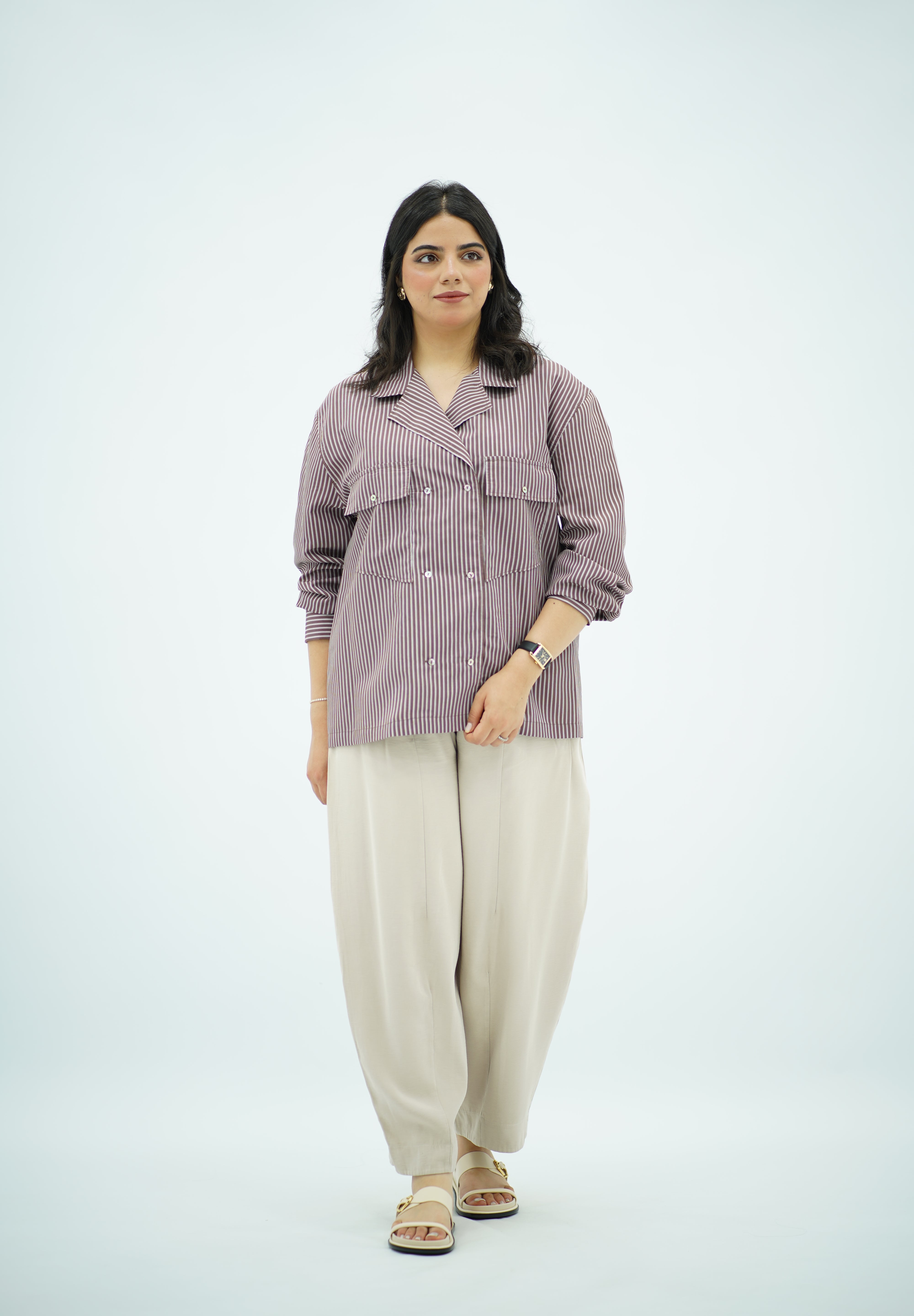 Chemise Rayée Style Saharienne à Double Boutonnage