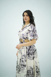 Robe Blanche à Motif Toile de Jouy Urbain