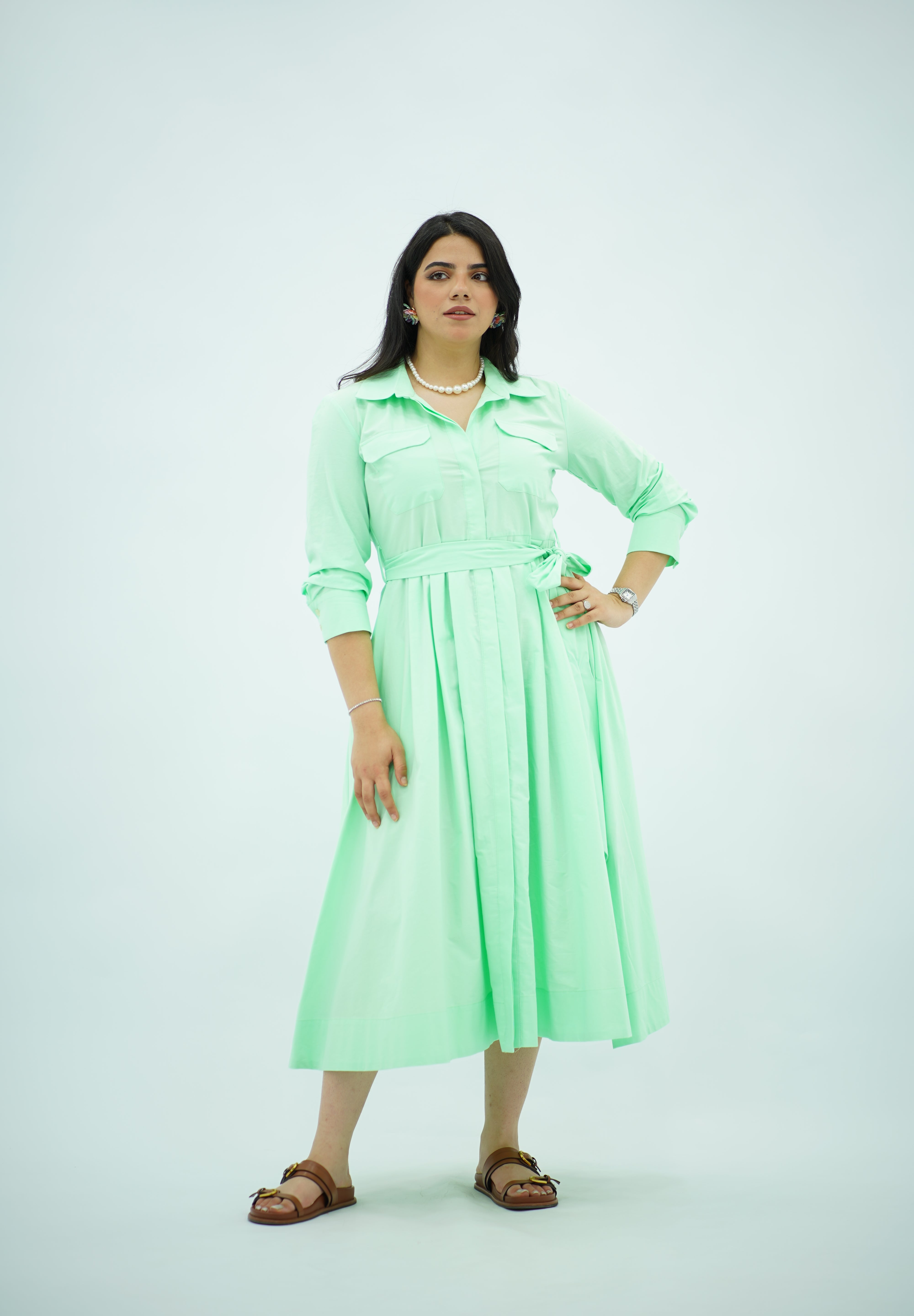 Robe Chemise Midi Ceinturée – Vert Menthe