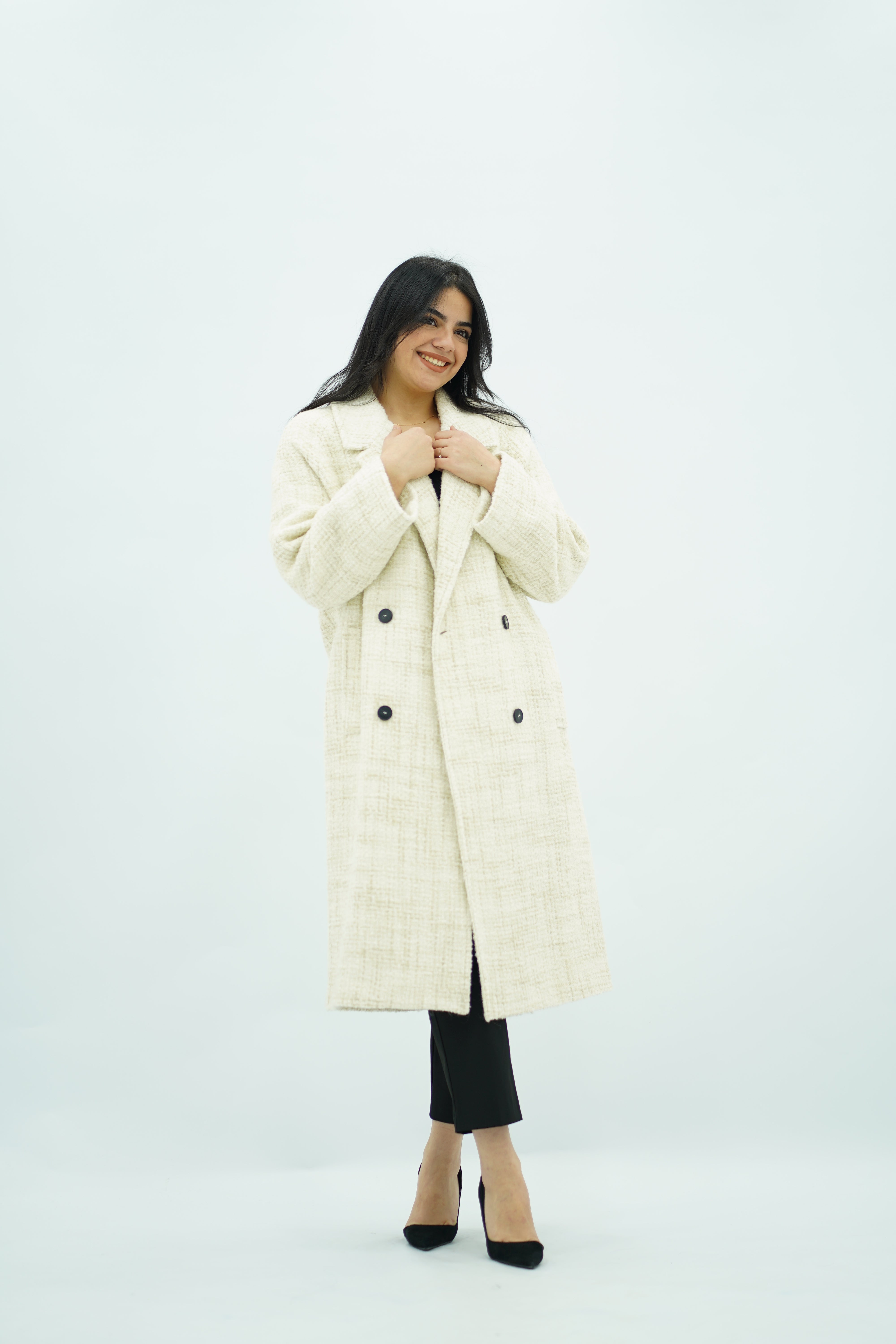 Manteau long écru texturé