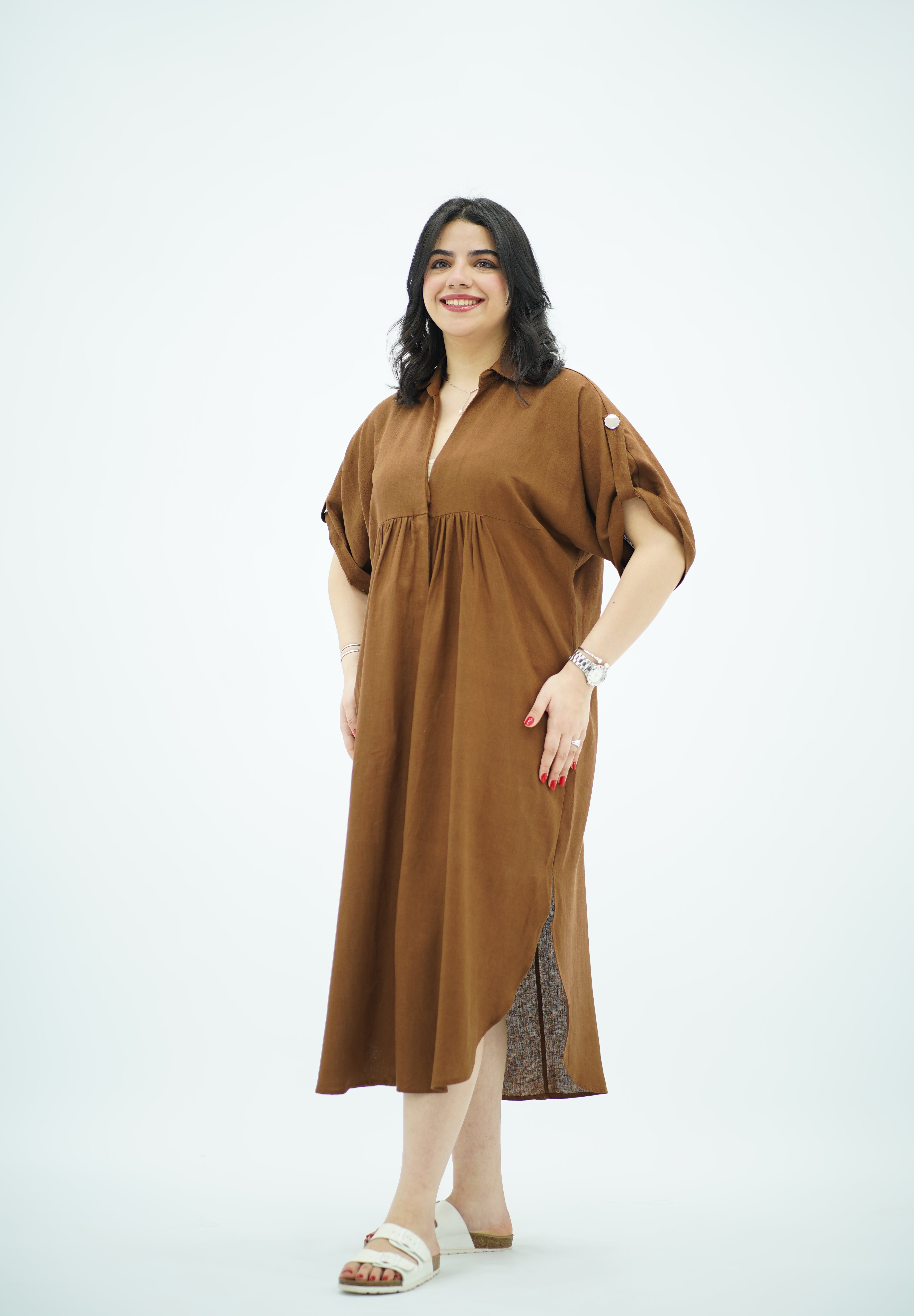 Robe Gandoura Midi en Lin Marron 🤎