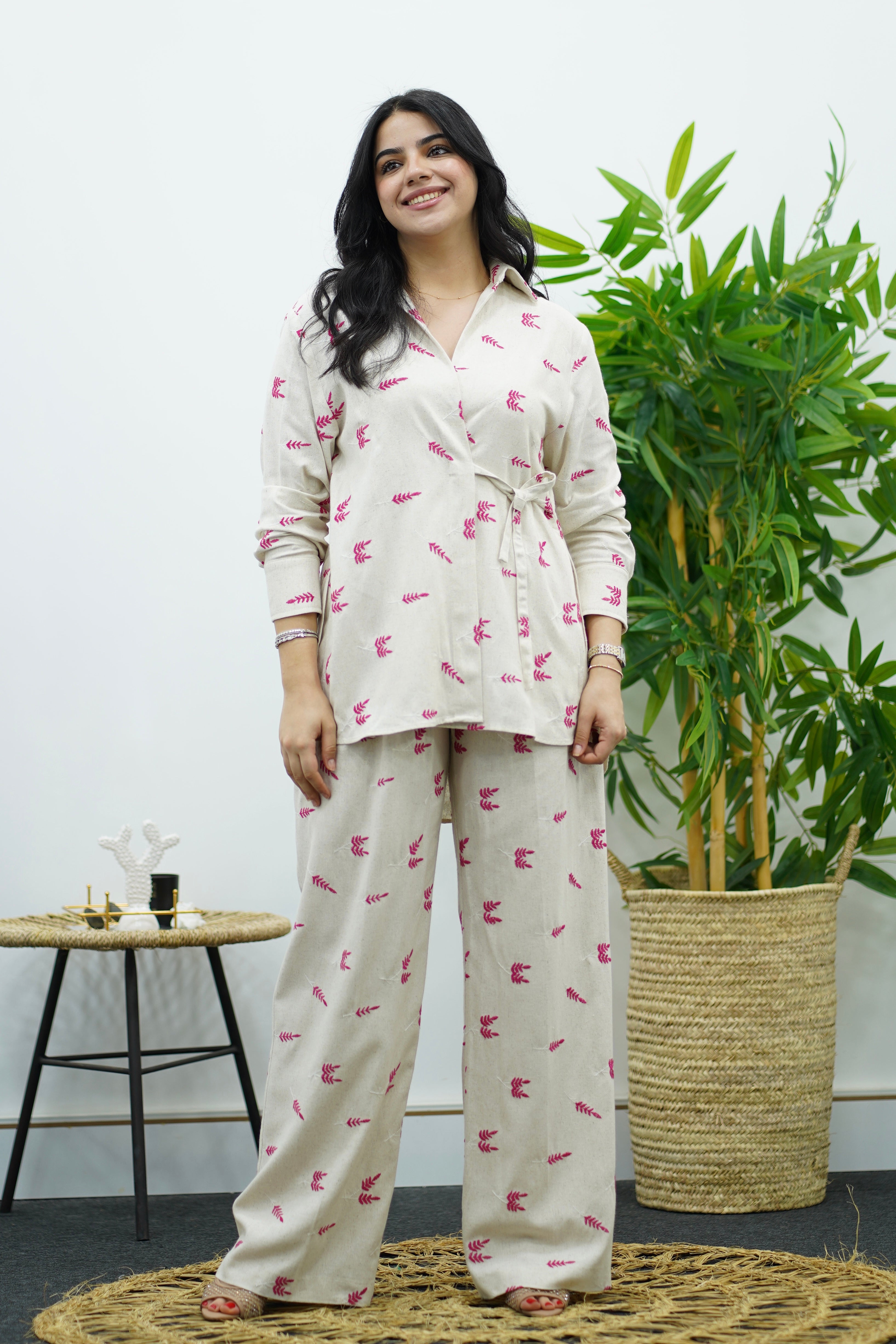 Ensemble En lin- Brodé en Rose Fuchsia