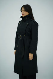 Trench Long Ceinturé Noir  – Col Montant & Boutonnage Croisé