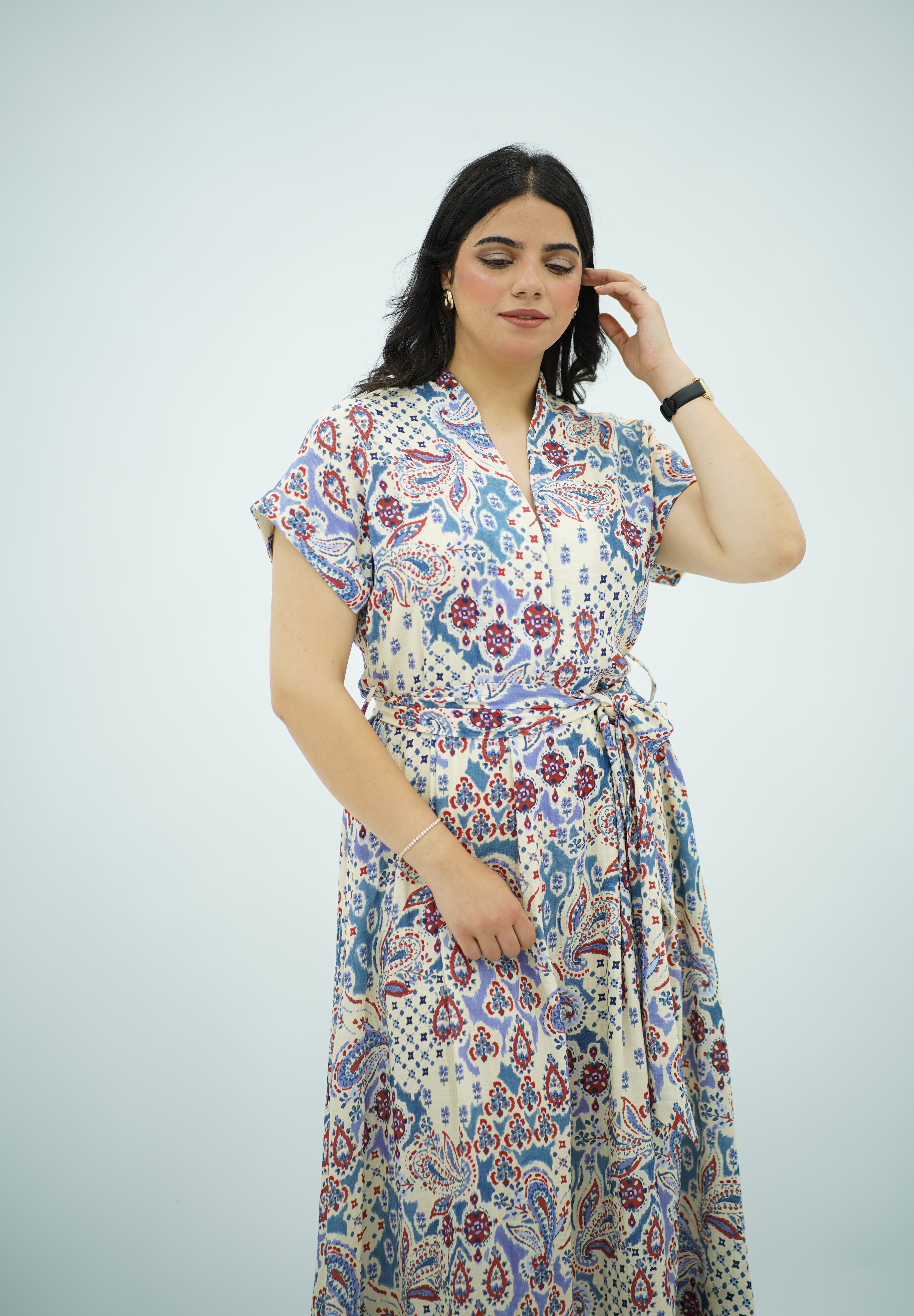 Robe Midi en Lin Fluide à Motif