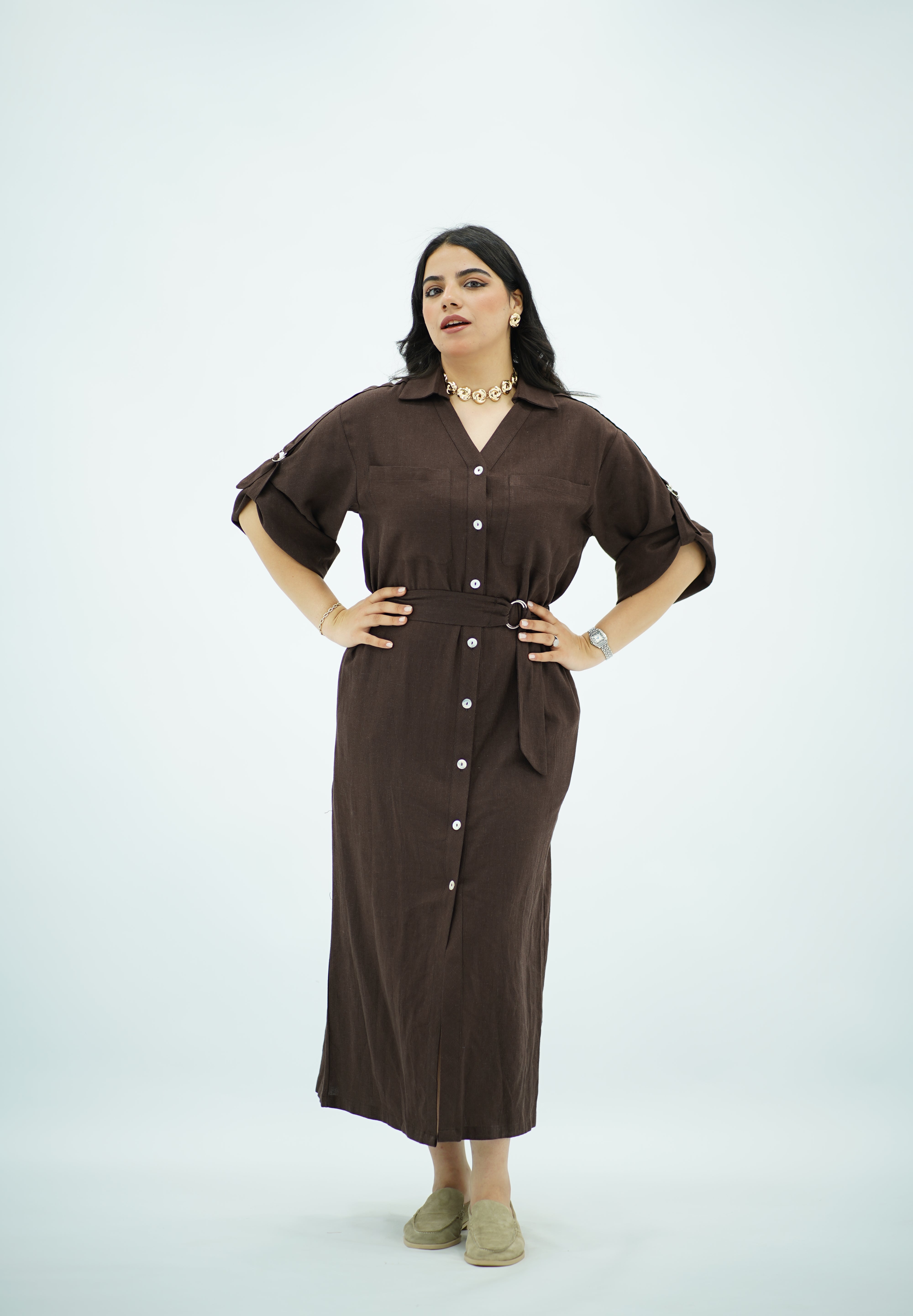 Robe Chemise en lin Longue – Marron