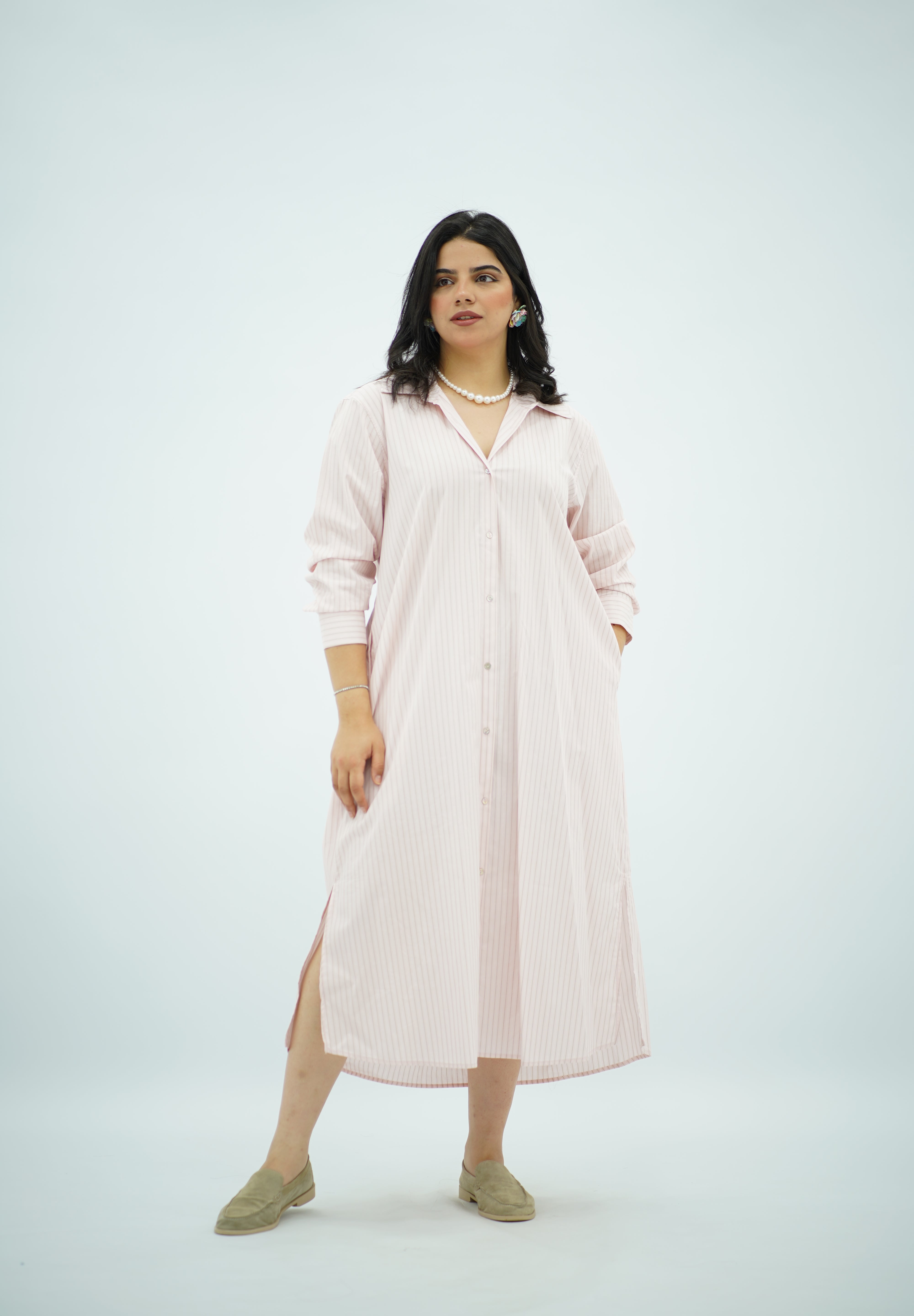 Robe chemise rose rayé