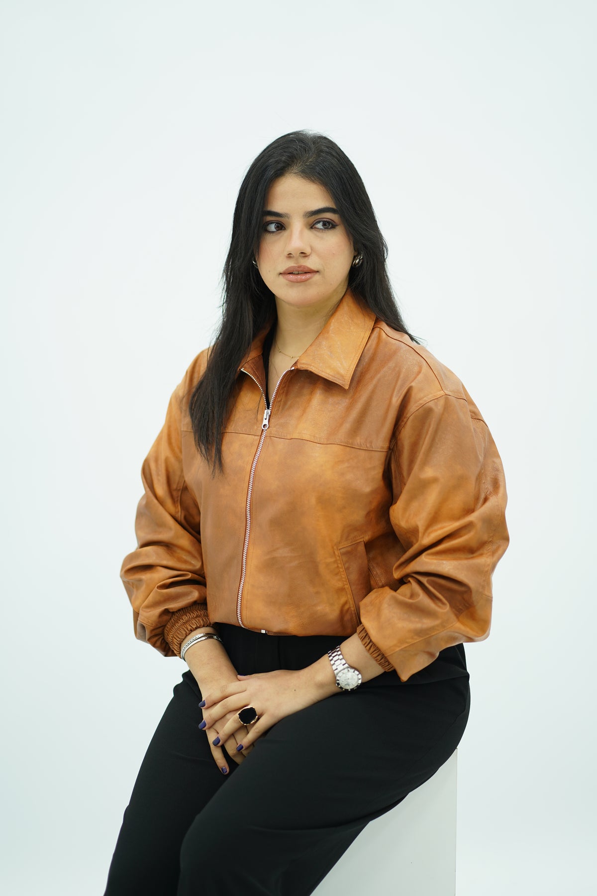 Bomber effet cuir marron-camel