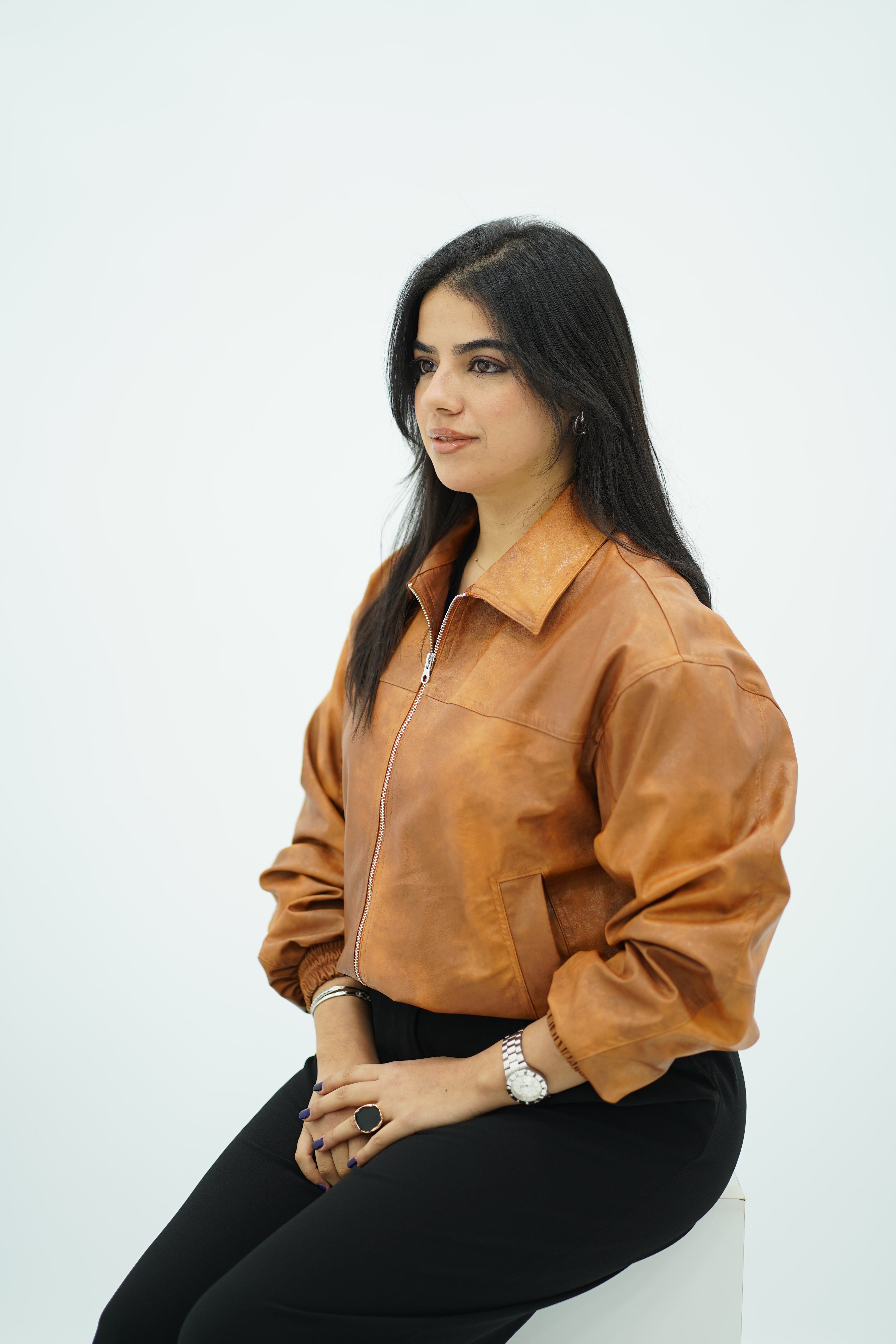 Bomber effet cuir marron-camel