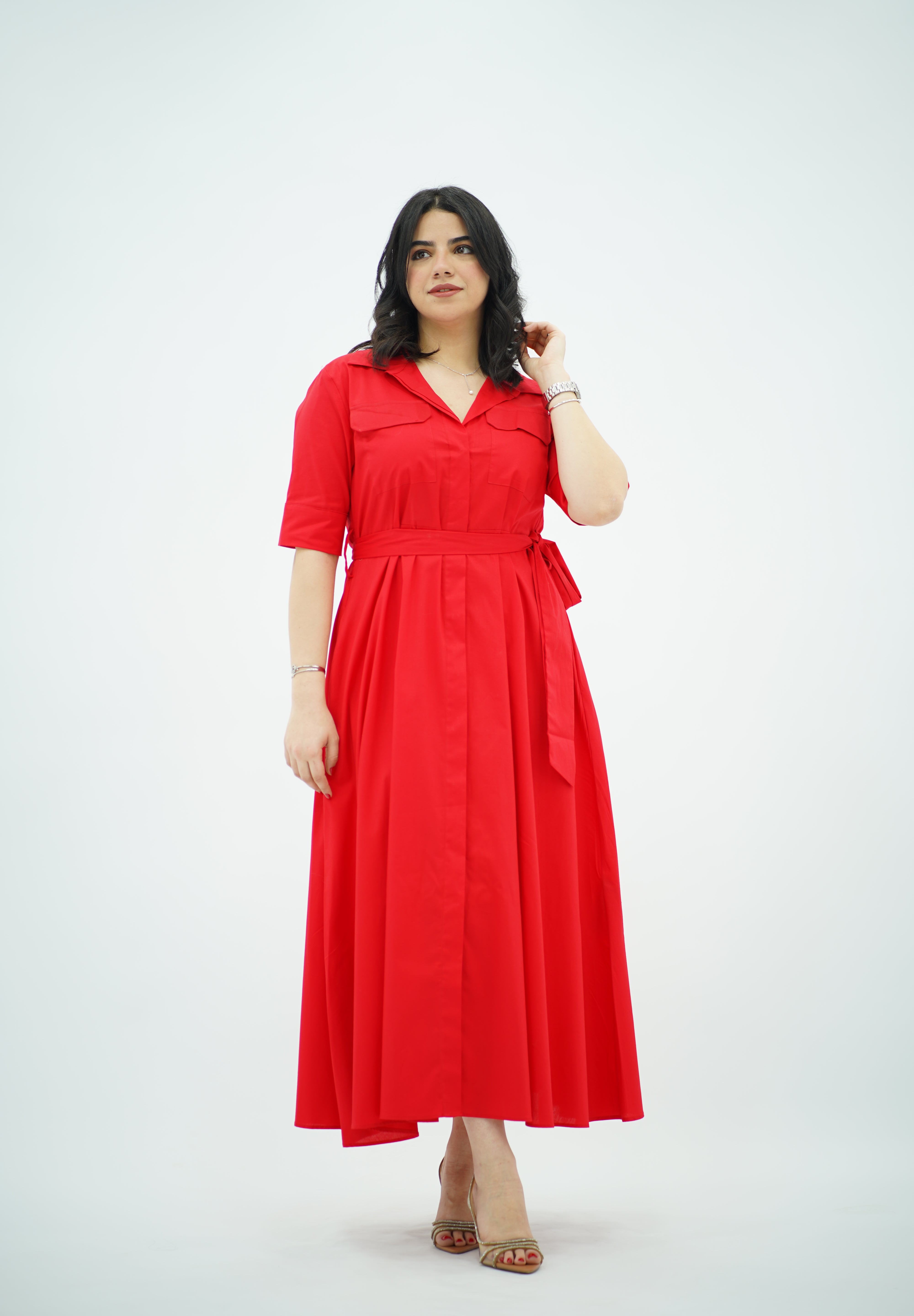 Robe chemise midi ceinturée Rouge 🌹