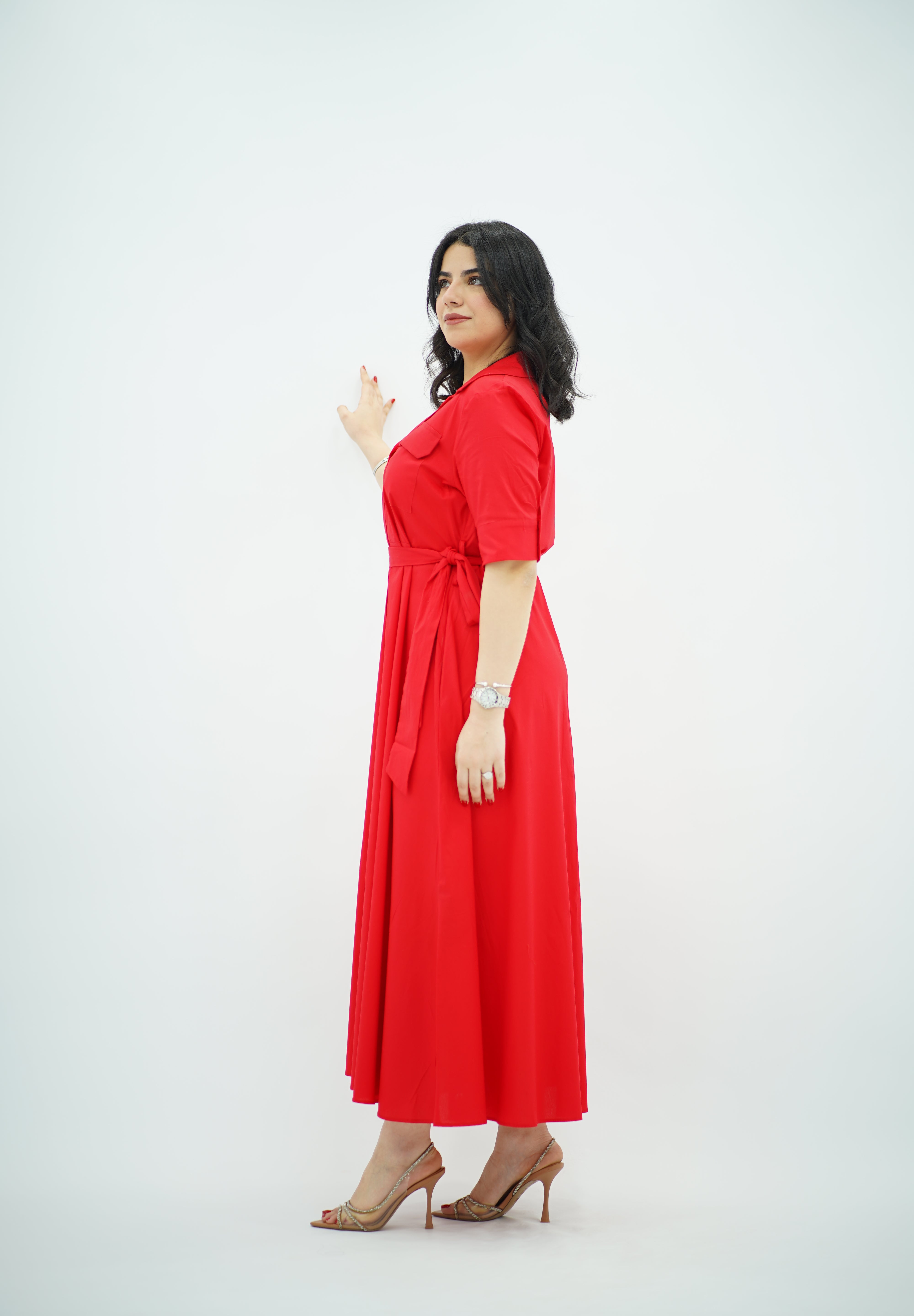 Robe chemise midi ceinturée Rouge 🌹
