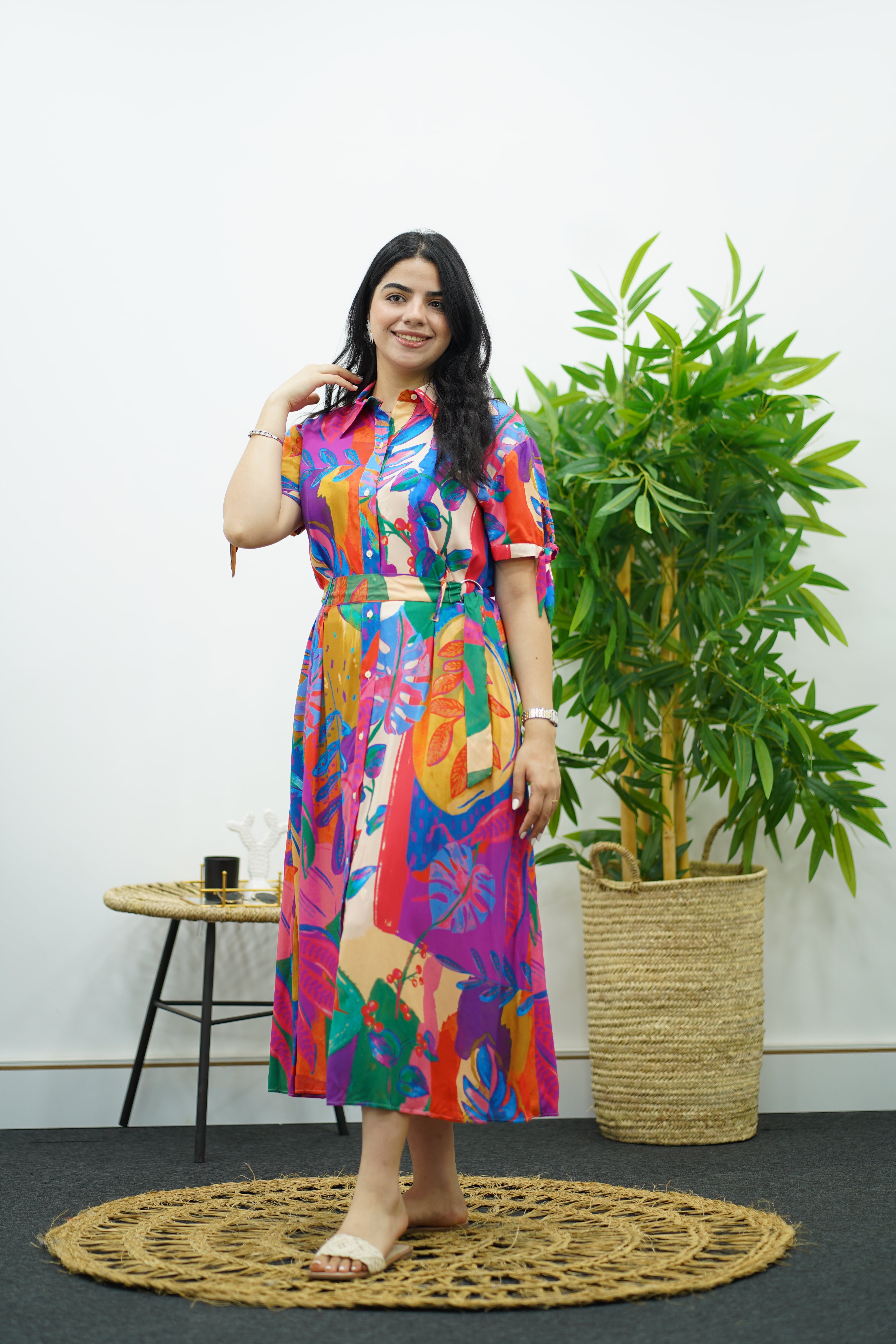 Robe à imprimé tropical multicolore