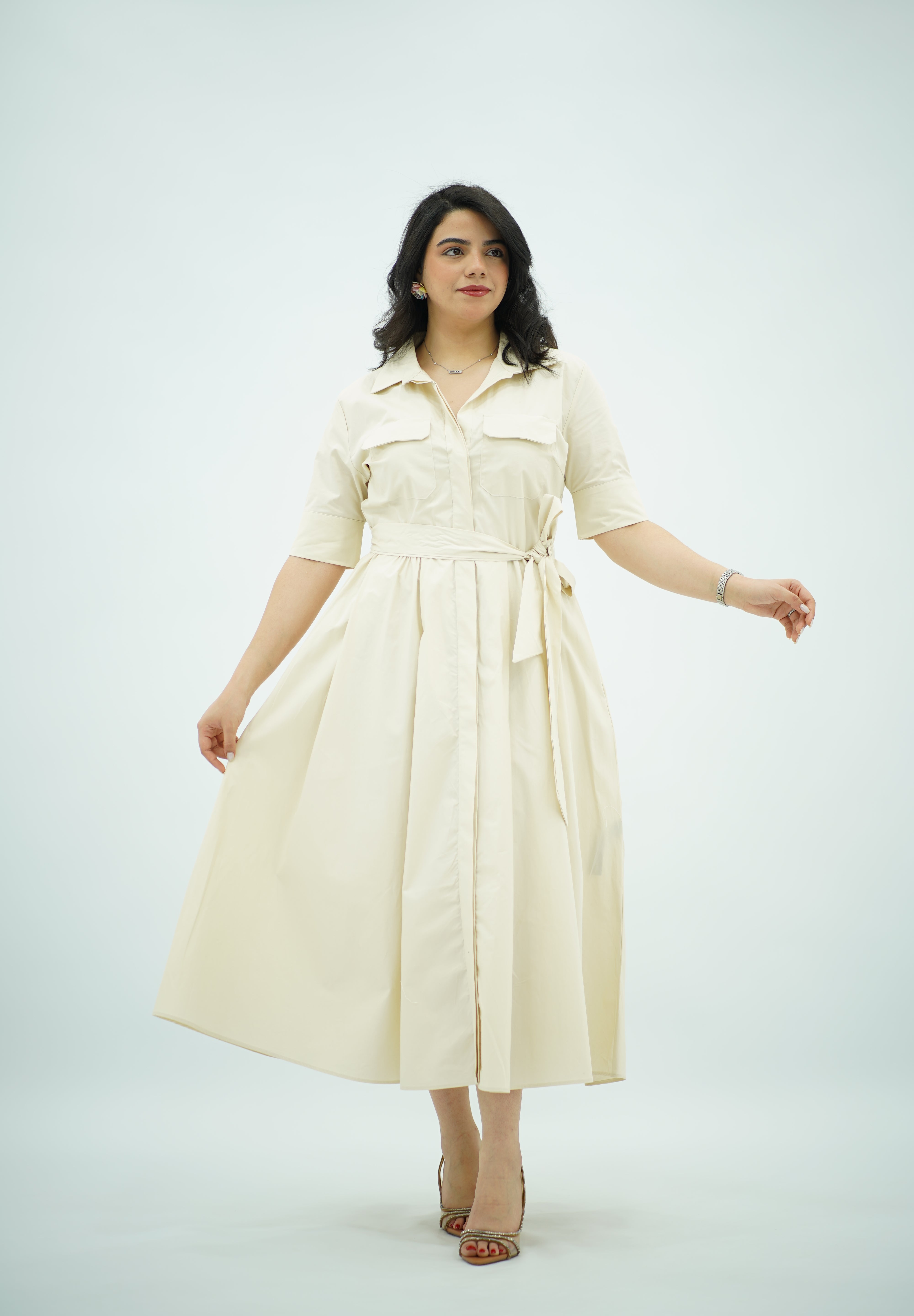 Robe Midi en popeline Blanc cassé