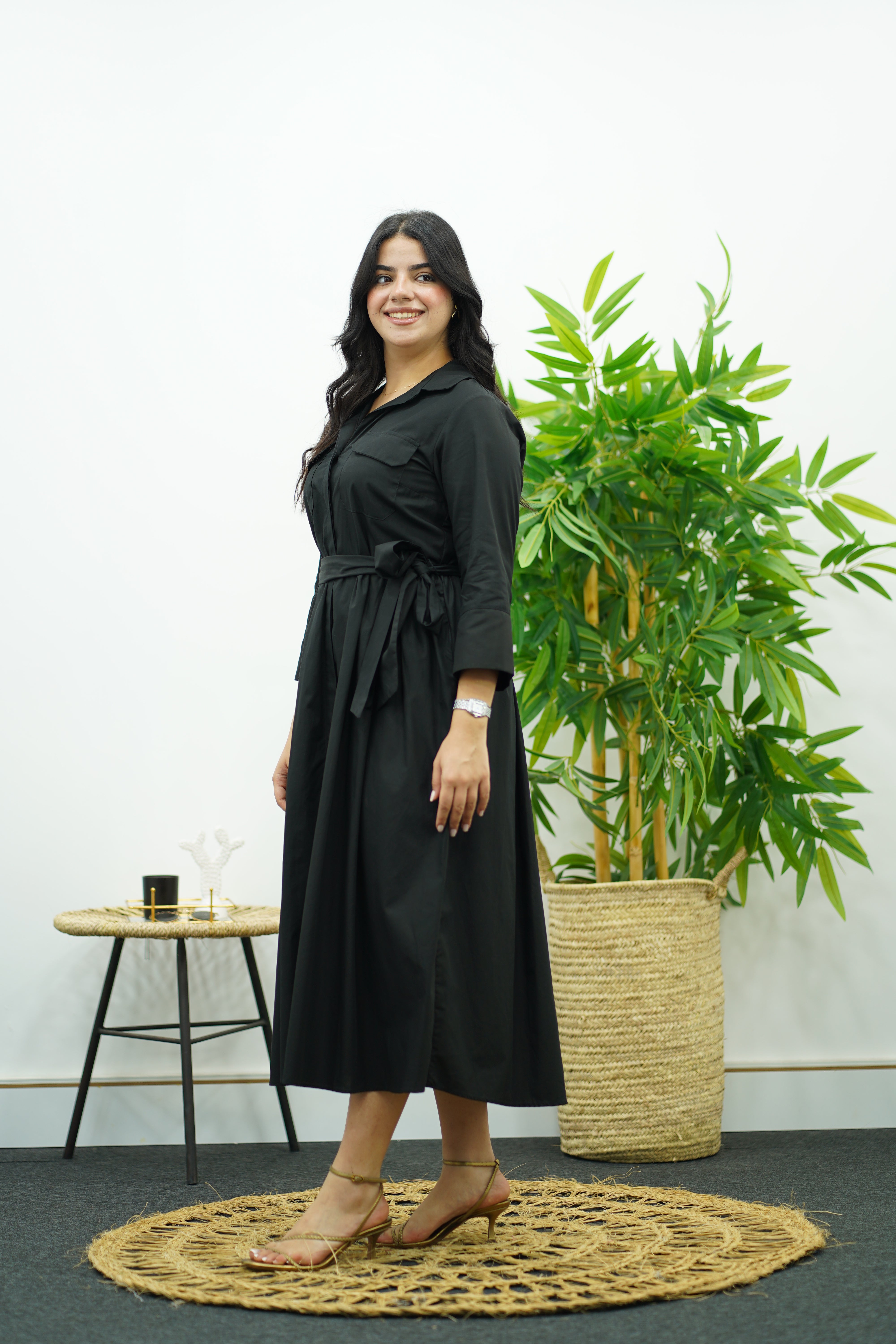 Robe noire à ceinture - En popeline