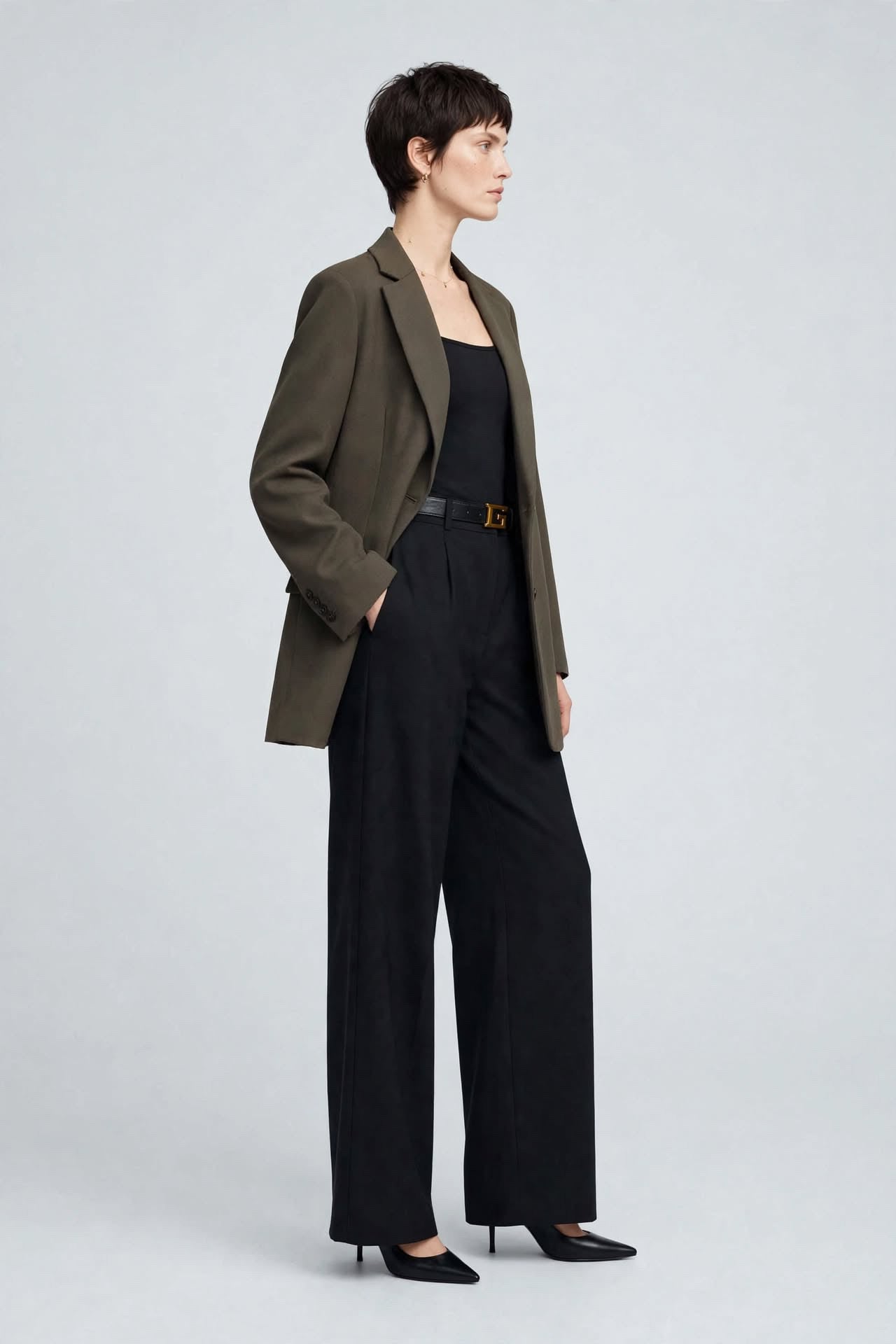 Veste Blazer Structurée Kaki Foncé