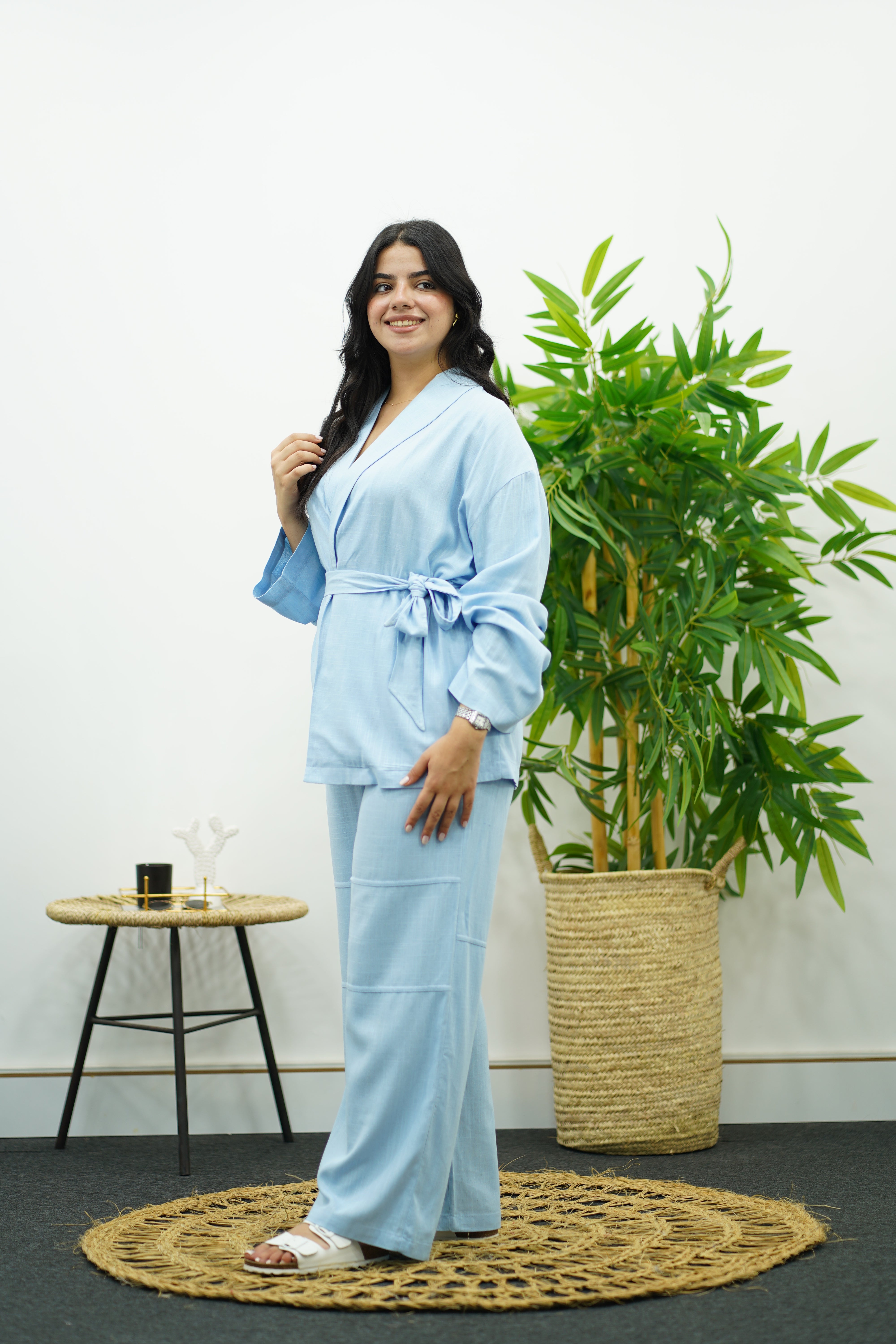 Ensemble bleu ciel en lin style kimono