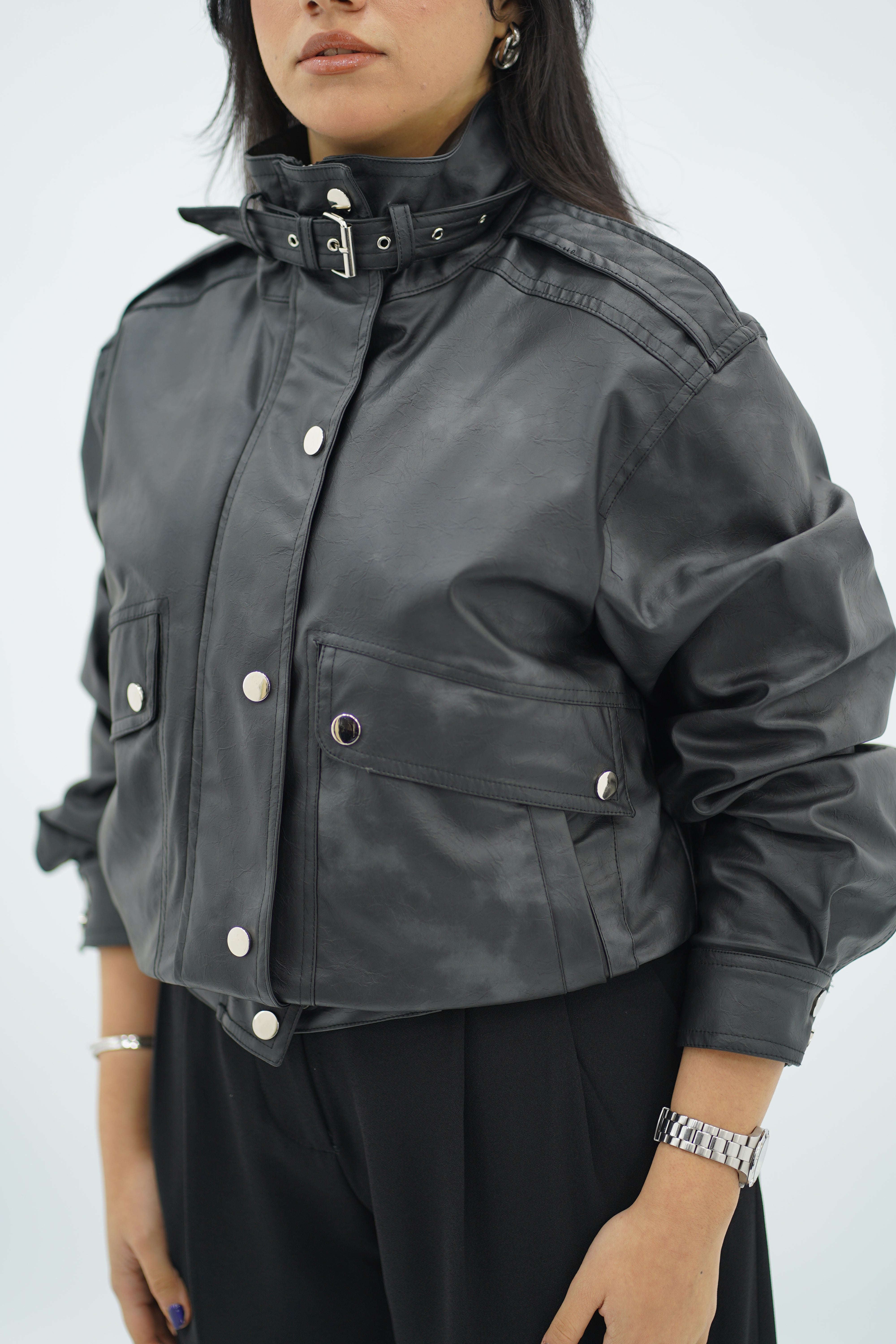 Bomber Noir en similicuir effet vieilli