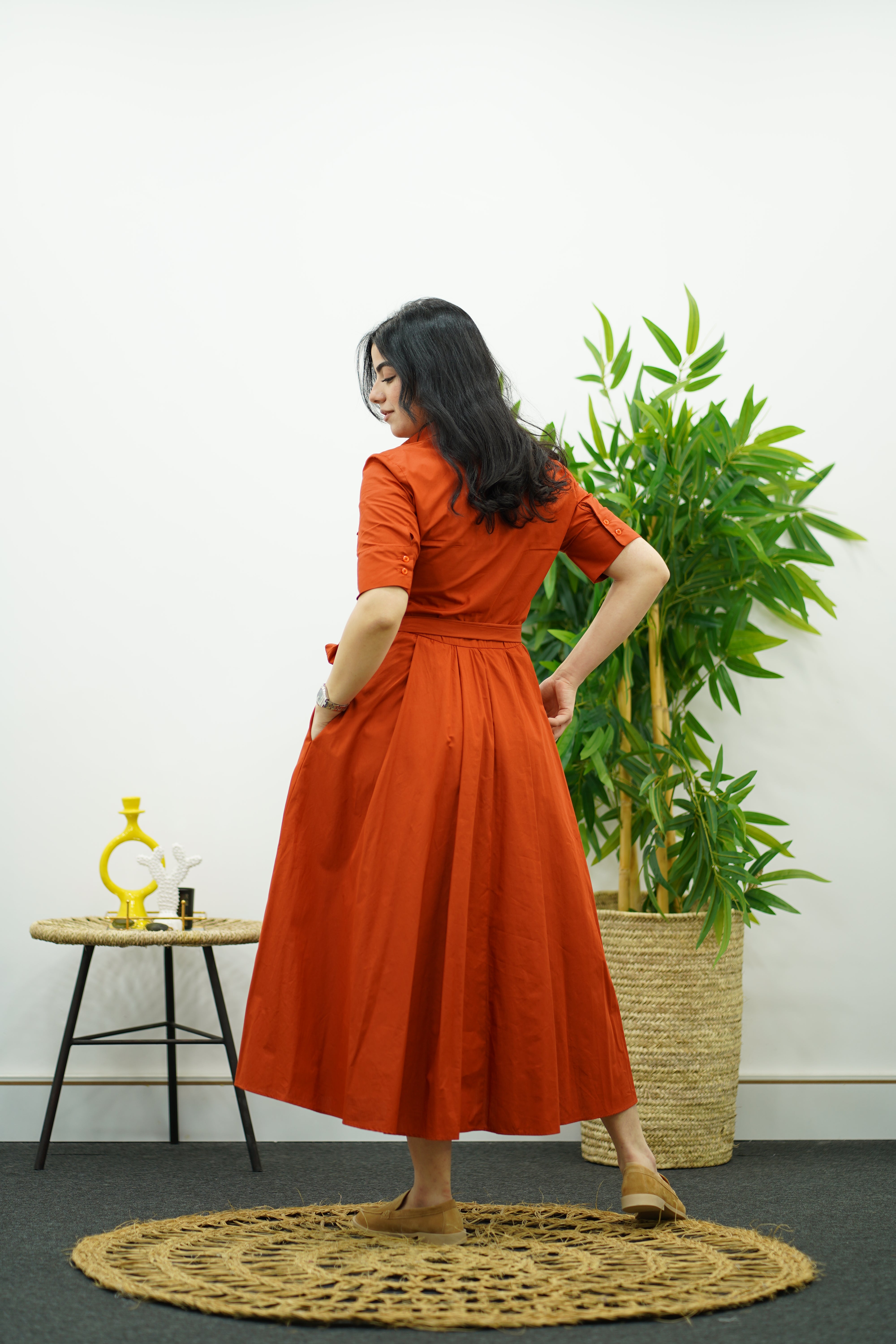 Robe En Popeline - Rouge Brique