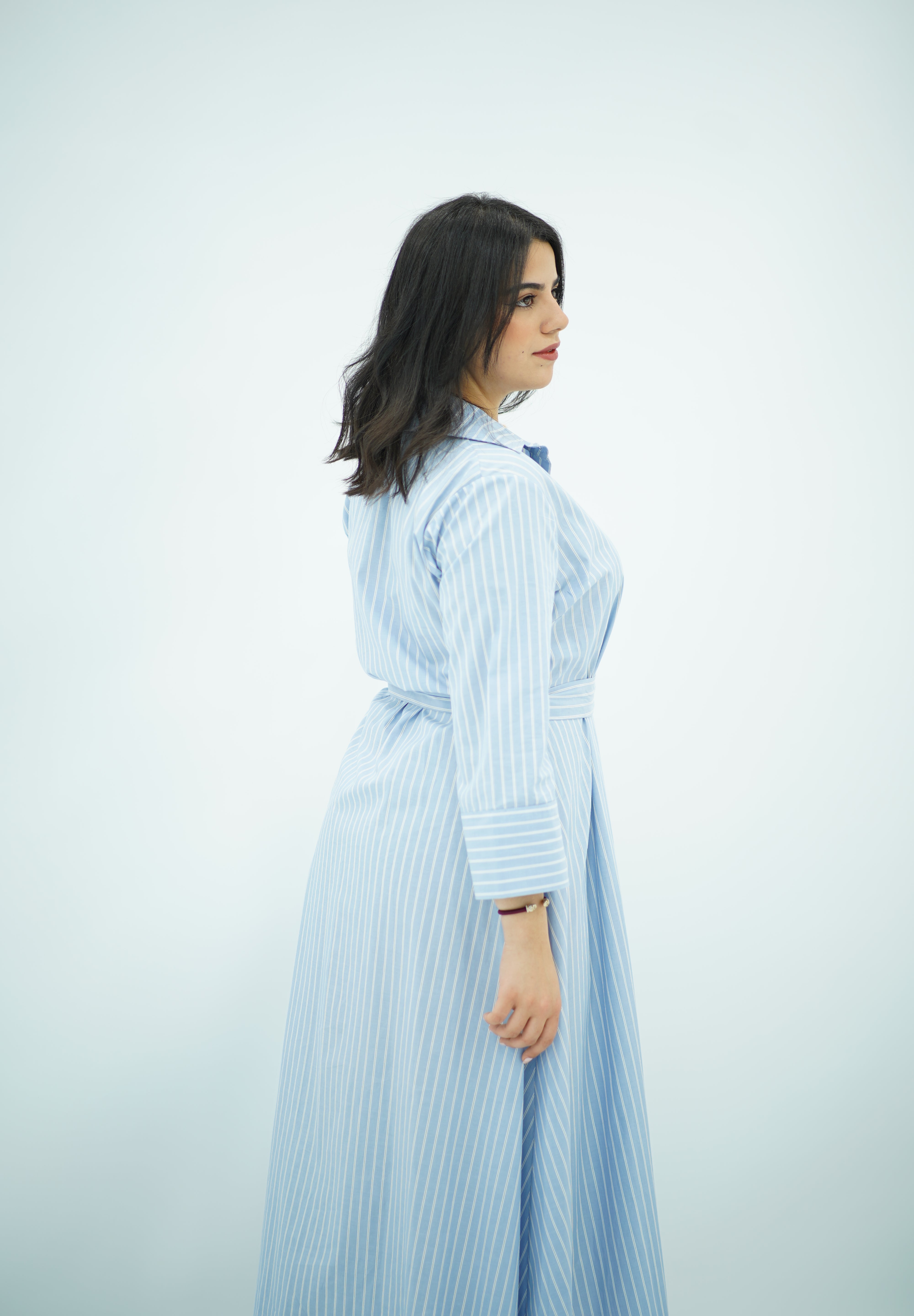 Robe-chemise longue rayée bleu ciel