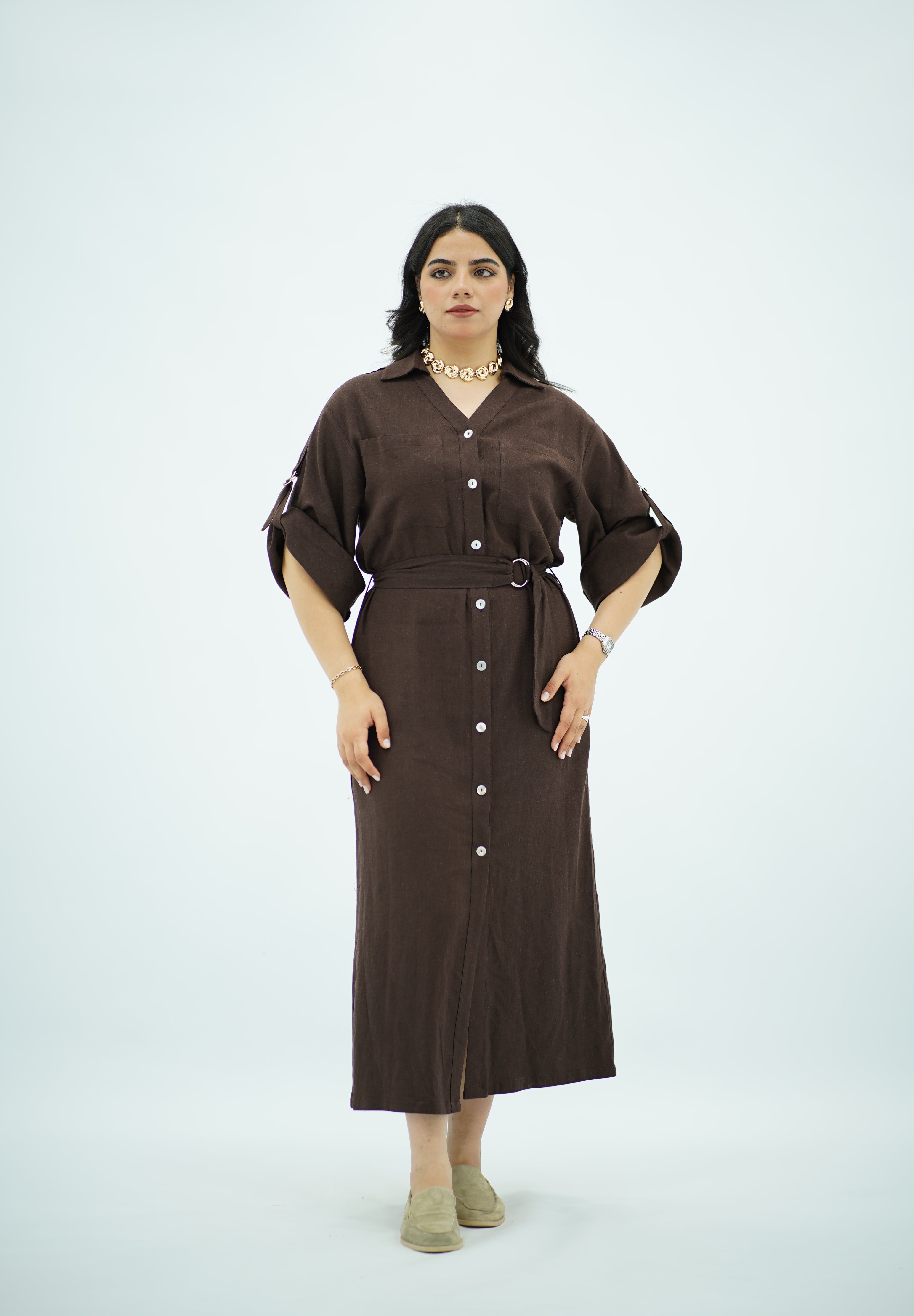 Robe Chemise en lin Longue – Marron