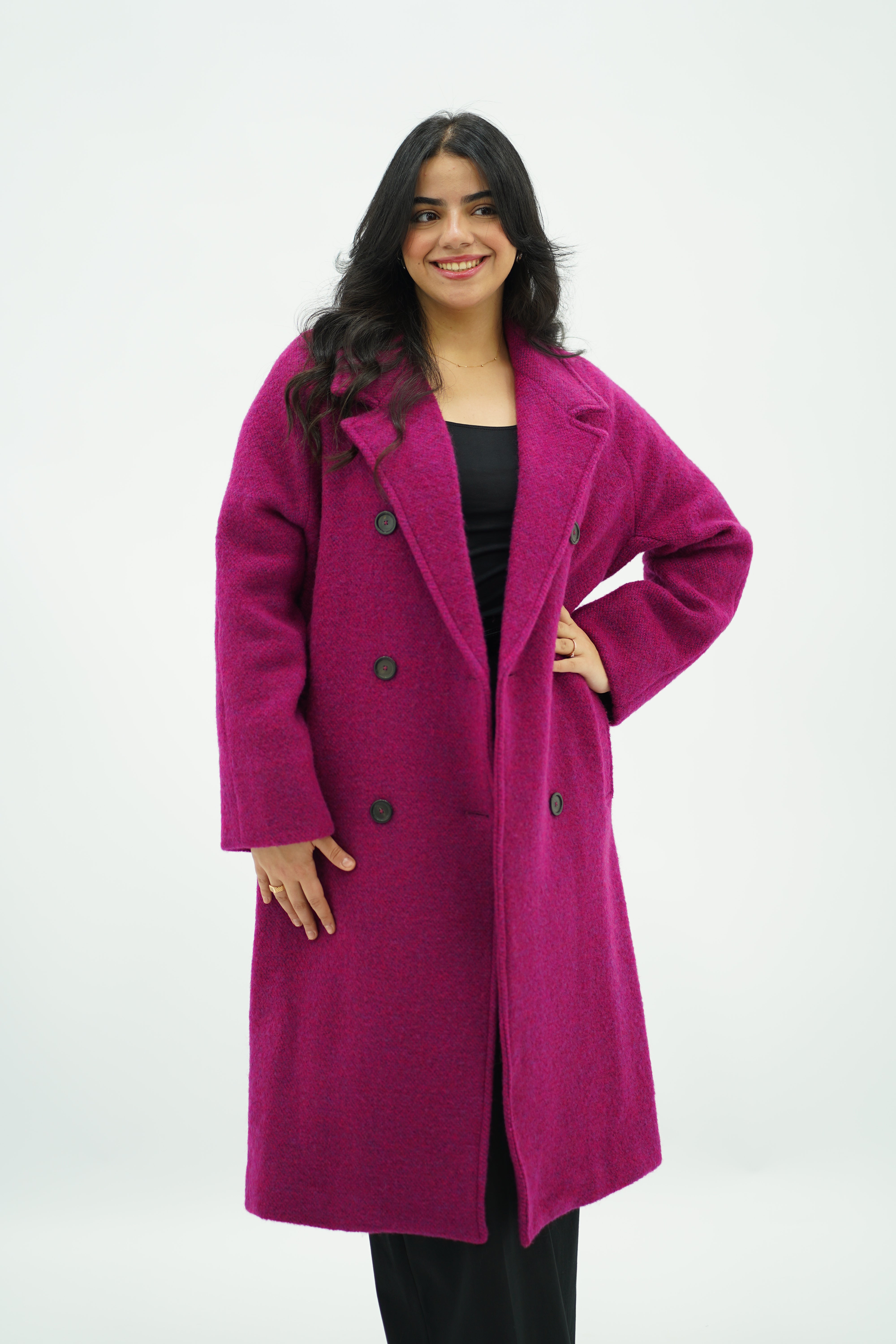 Manteau en Laine Bouclée Fushia Vif