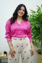Pantalon En lin Brodé en rose